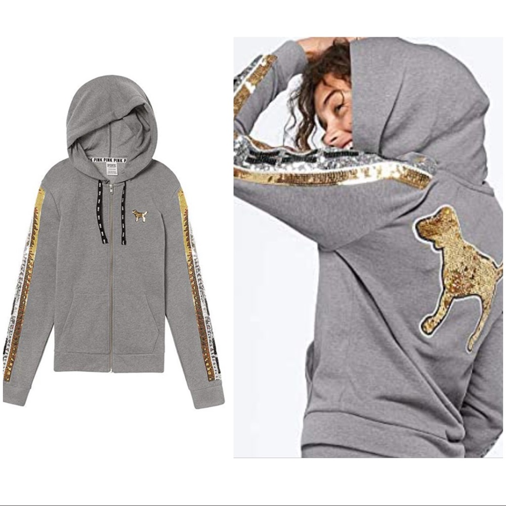 VS PINK Sequins Perfect Full Zip Hoodie Gray XS
